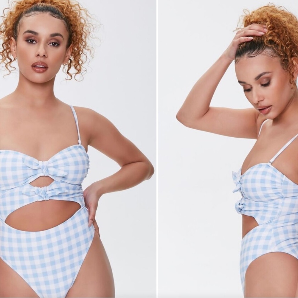 Forever 21 NWT one piece cut out swim suit size XL baby blue gingham farmhouse